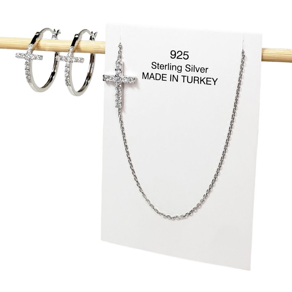 Sterling Silver Side Cross earrings & matching cross necklace, new & unworn 925